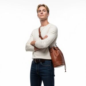 BROWN LEATHER BUCKET BAG DRAWSTRING CROSSBODY SHOULDER BAG UNISEX